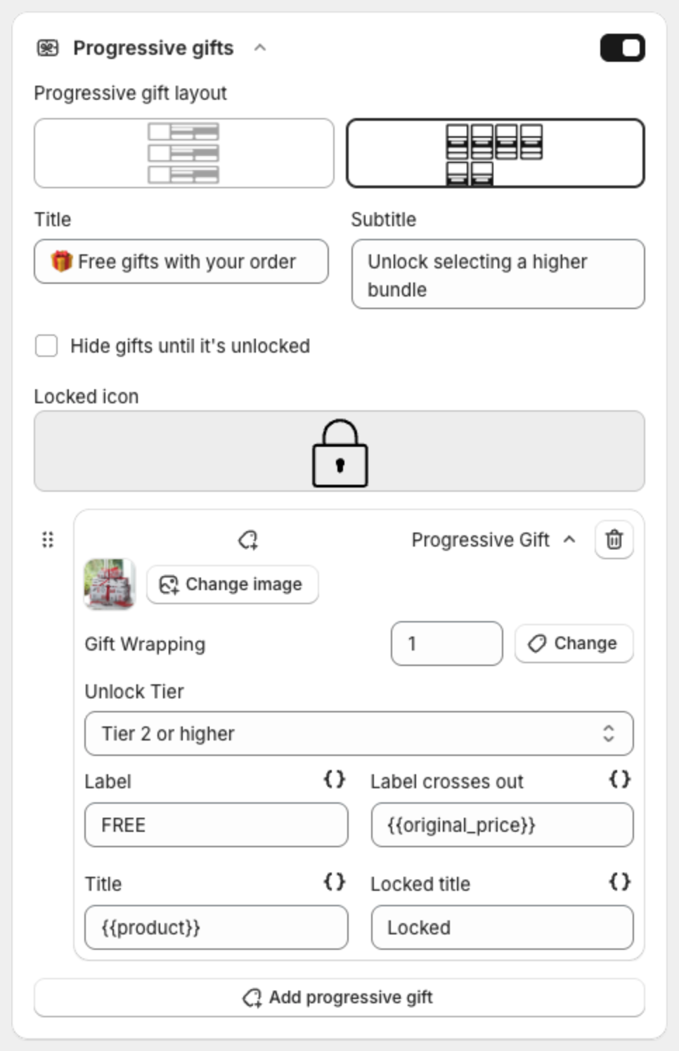 Progressive gifts settings with layout, Title, Subtitle, Hide gifts until it's unlocked, Locked icon and one gift