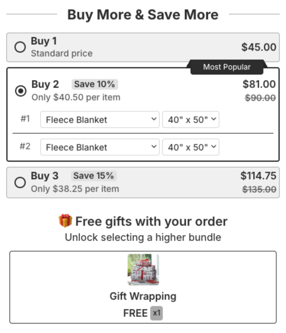Quantity Discounts widget with Buy 2 selected and the Gift Wrapping gift unlocked as FREE