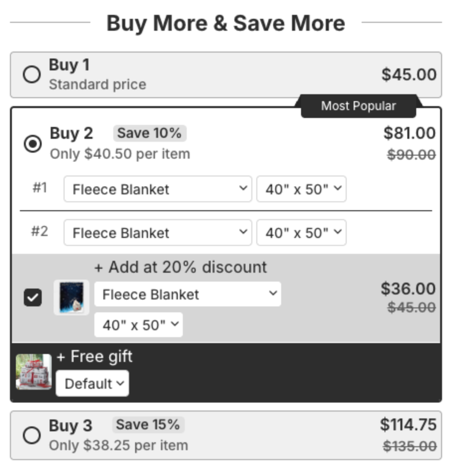Quantity Discounts widget with Buy 2 showing + Add at 20% discount and + Free gift