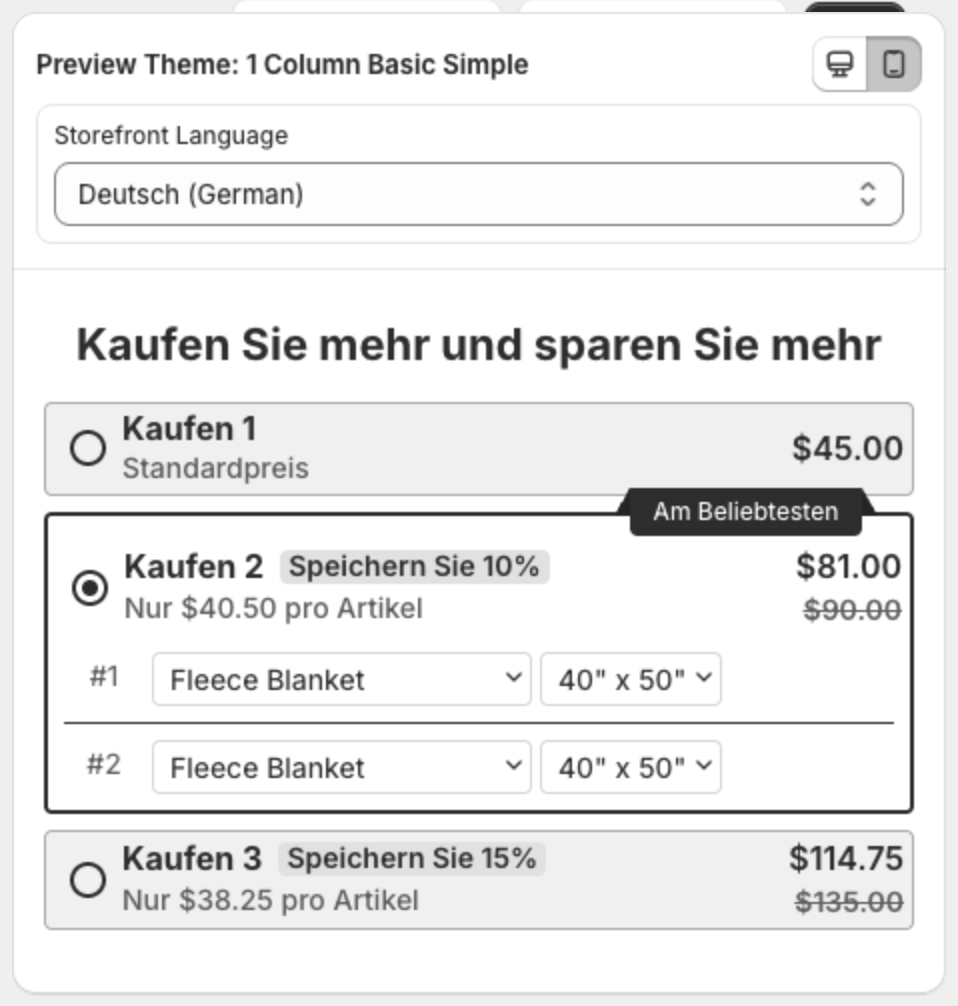 Preview with Storefront Language Deutsch (German) and the offer in German: Kaufen Sie mehr und sparen Sie mehr, Kaufen 2, Speichern Sie 10%