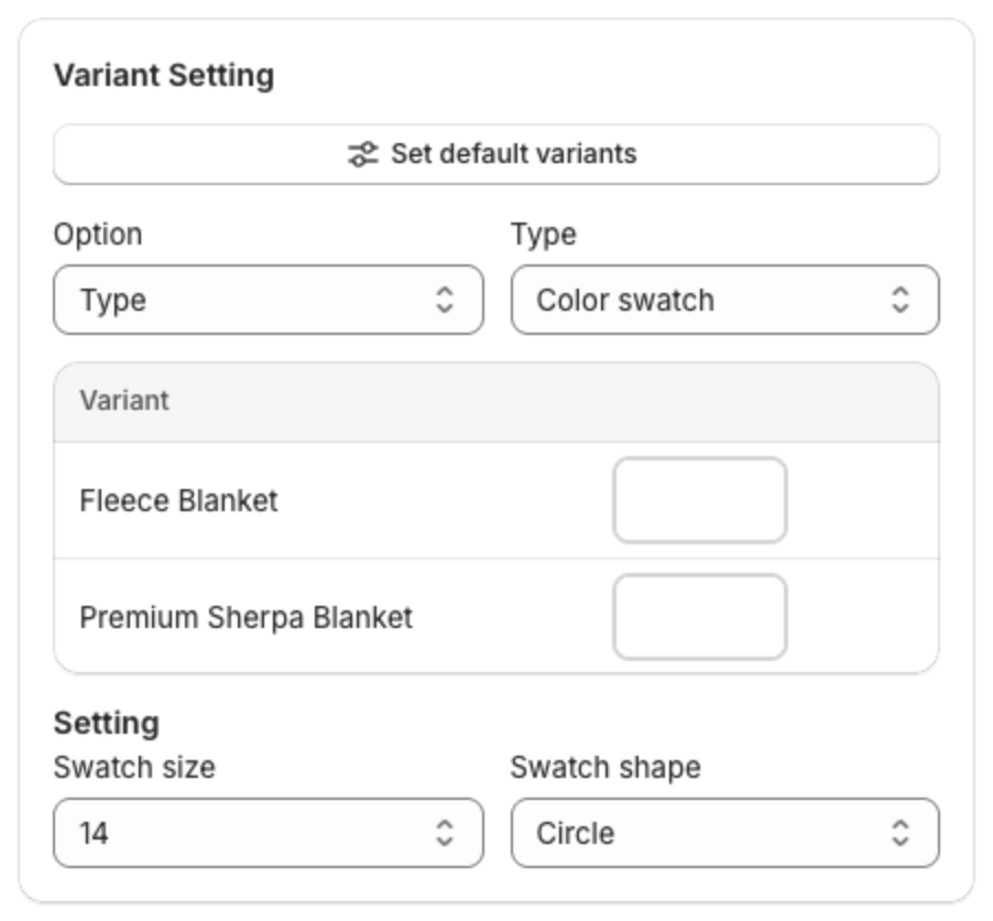 Variant Setting with Set default variants, Option, Type Color swatch, the Variant table, Swatch size and Swatch shape