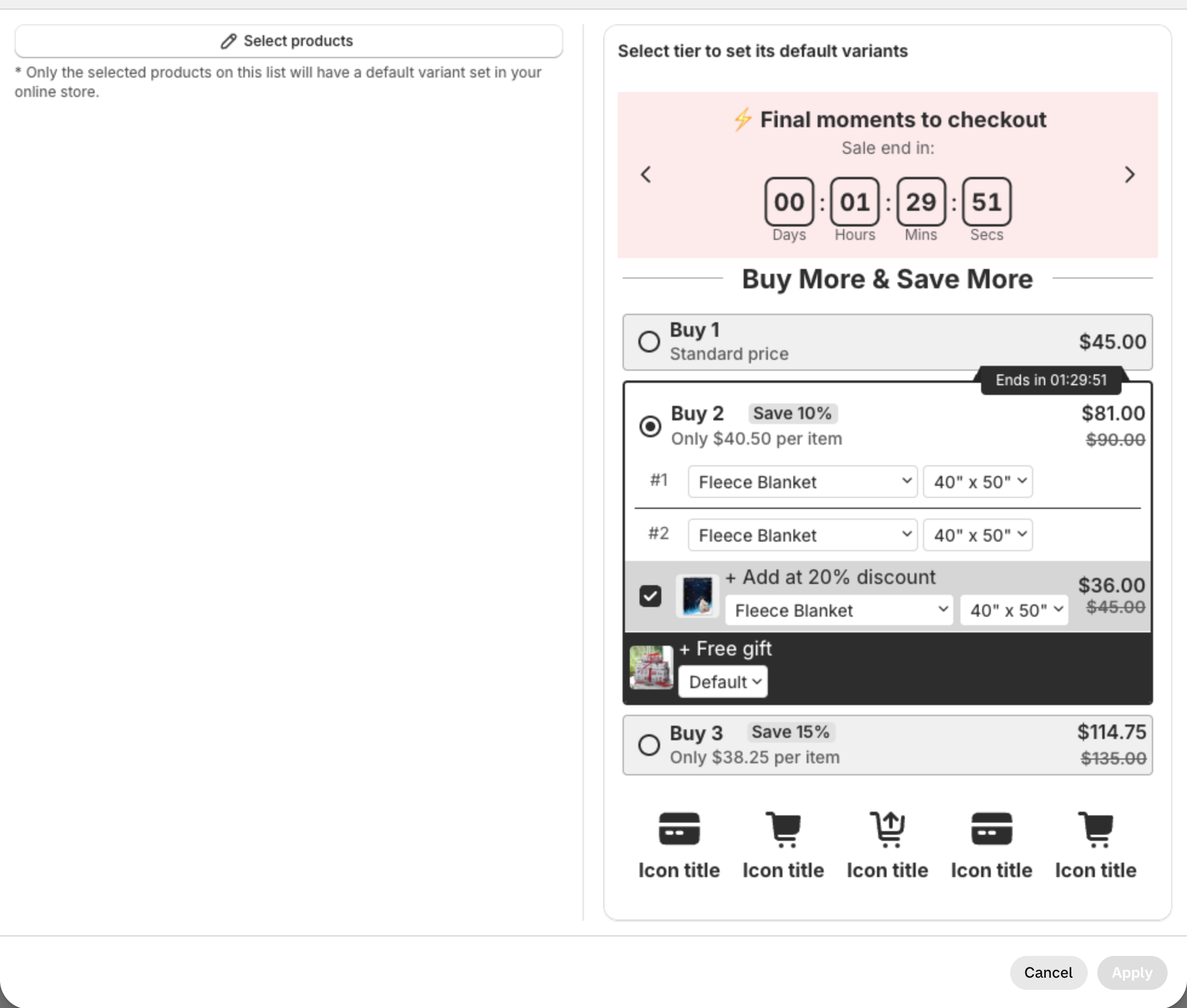 Set default variants window with Select products on the left and the tier preview on the right