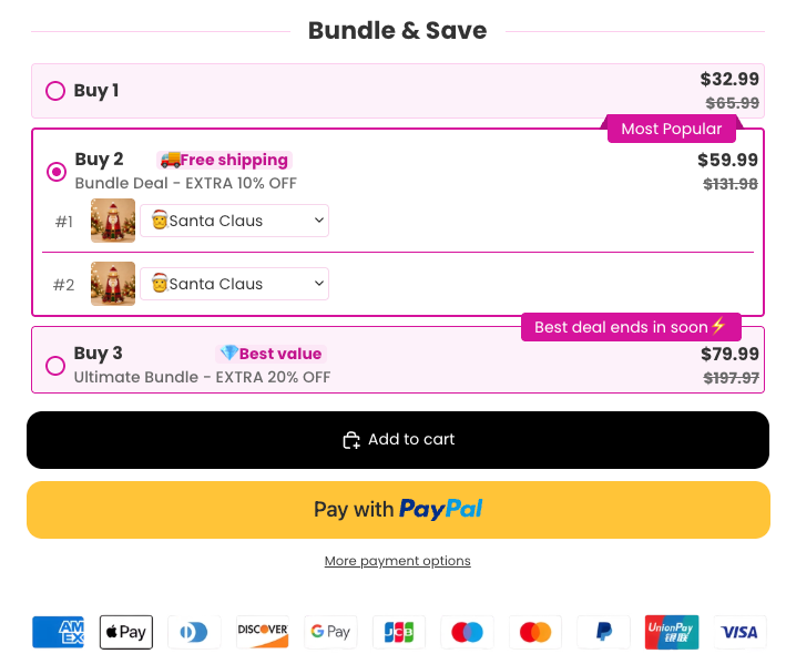 Bundle & Save widget with Buy 2 selected, both items set to Santa Claus, and the Add to cart, Pay with PayPal and More payment options buttons