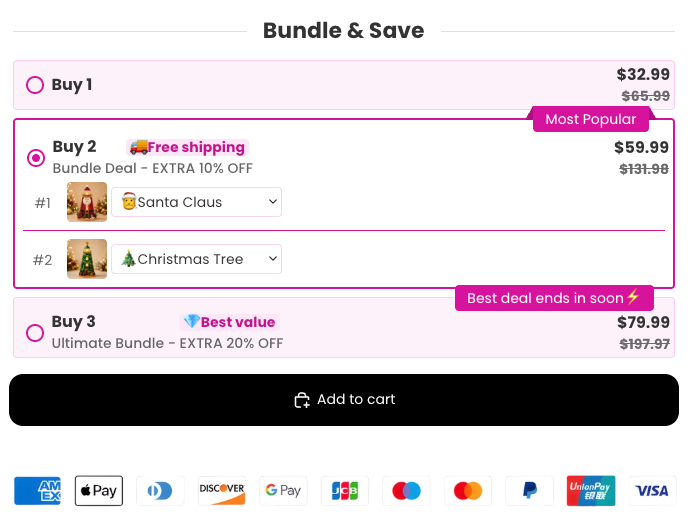 Bundle & Save widget with Buy 2 selected, items set to Santa Claus and Christmas Tree, and only the Add to cart button