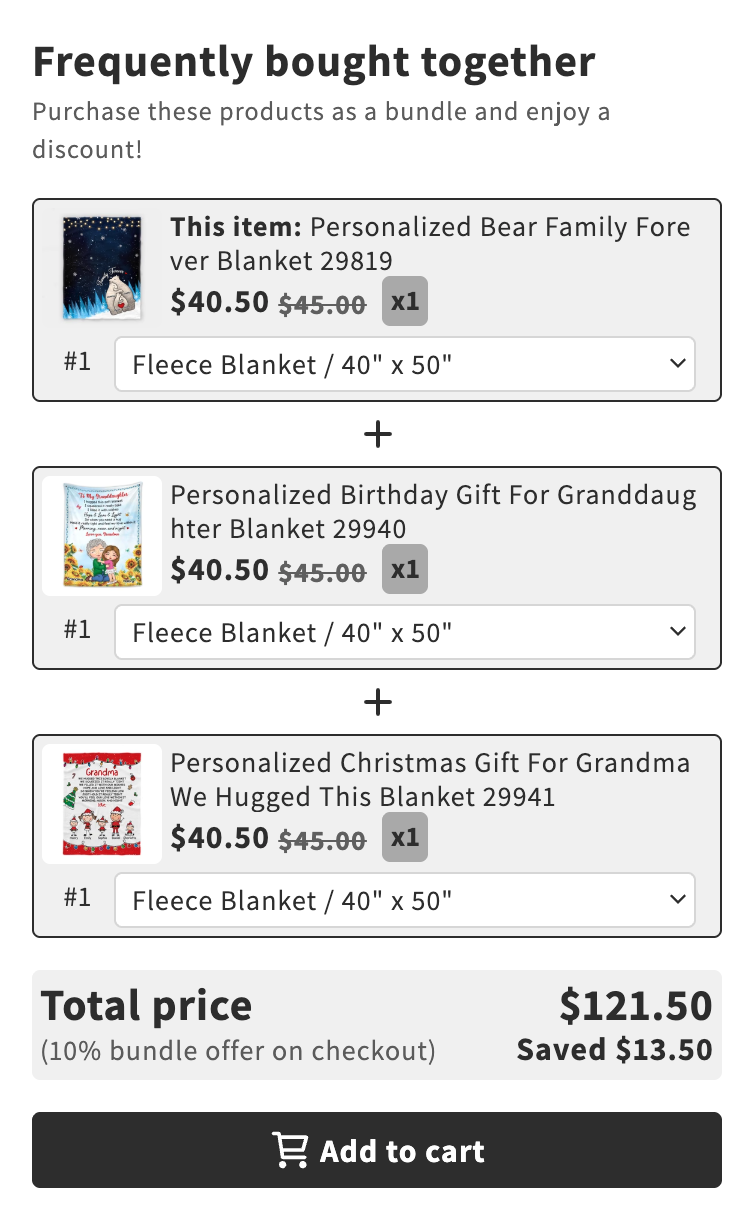 Frequently bought together widget on a product page with three blankets, the total price $121.50, Saved $13.50 and the Add to cart button