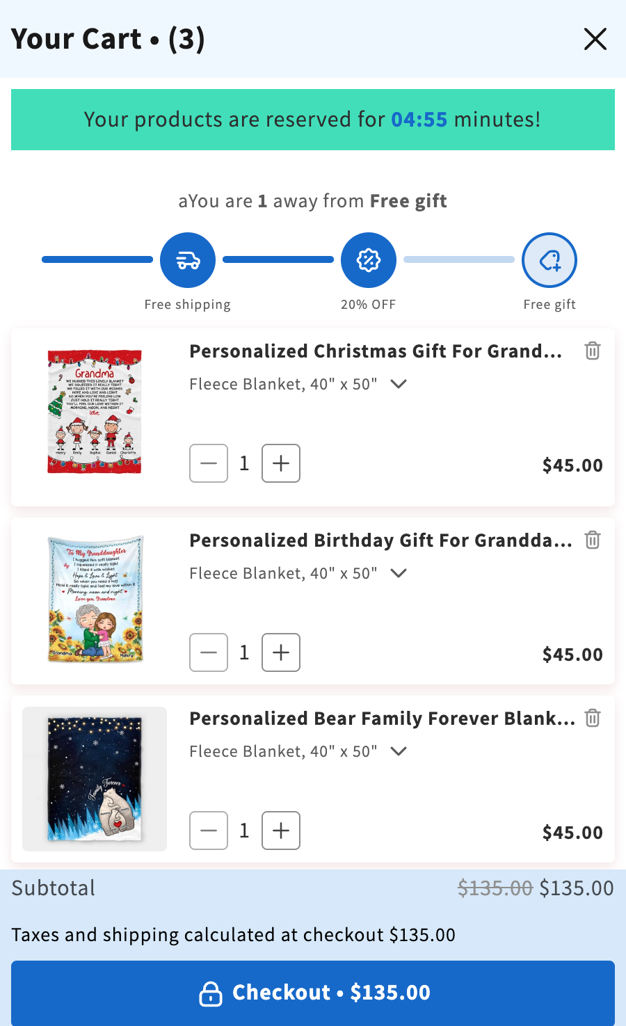 XBoost cart drawer opened after the bundle was added, with the three blankets and Checkout $135.00
