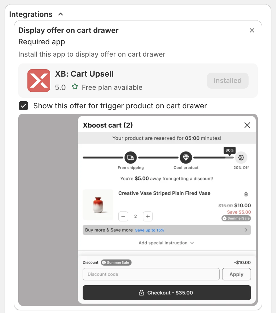 Display offer on cart drawer with XB: Cart Upsell installed, Show this offer for trigger product on cart drawer ticked, and a preview of the cart drawer