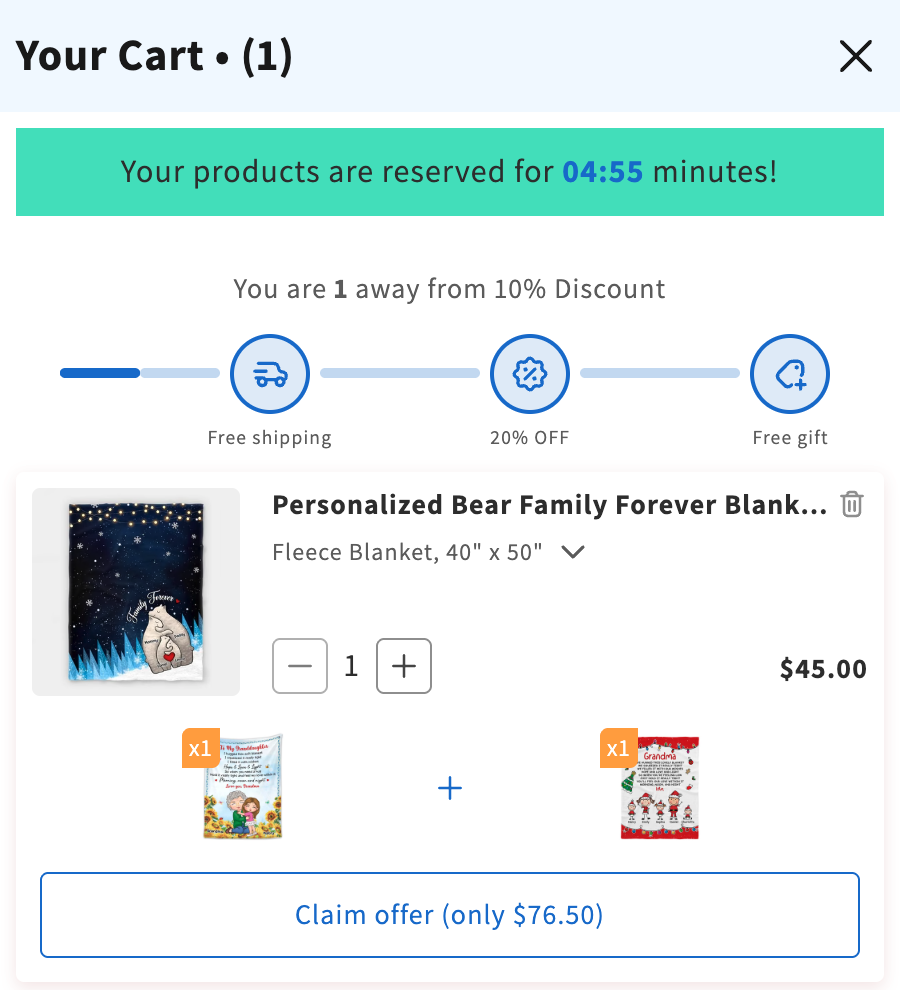 Cart drawer with one blanket, the two other bundle products below it and the Claim offer (only $76.50) button