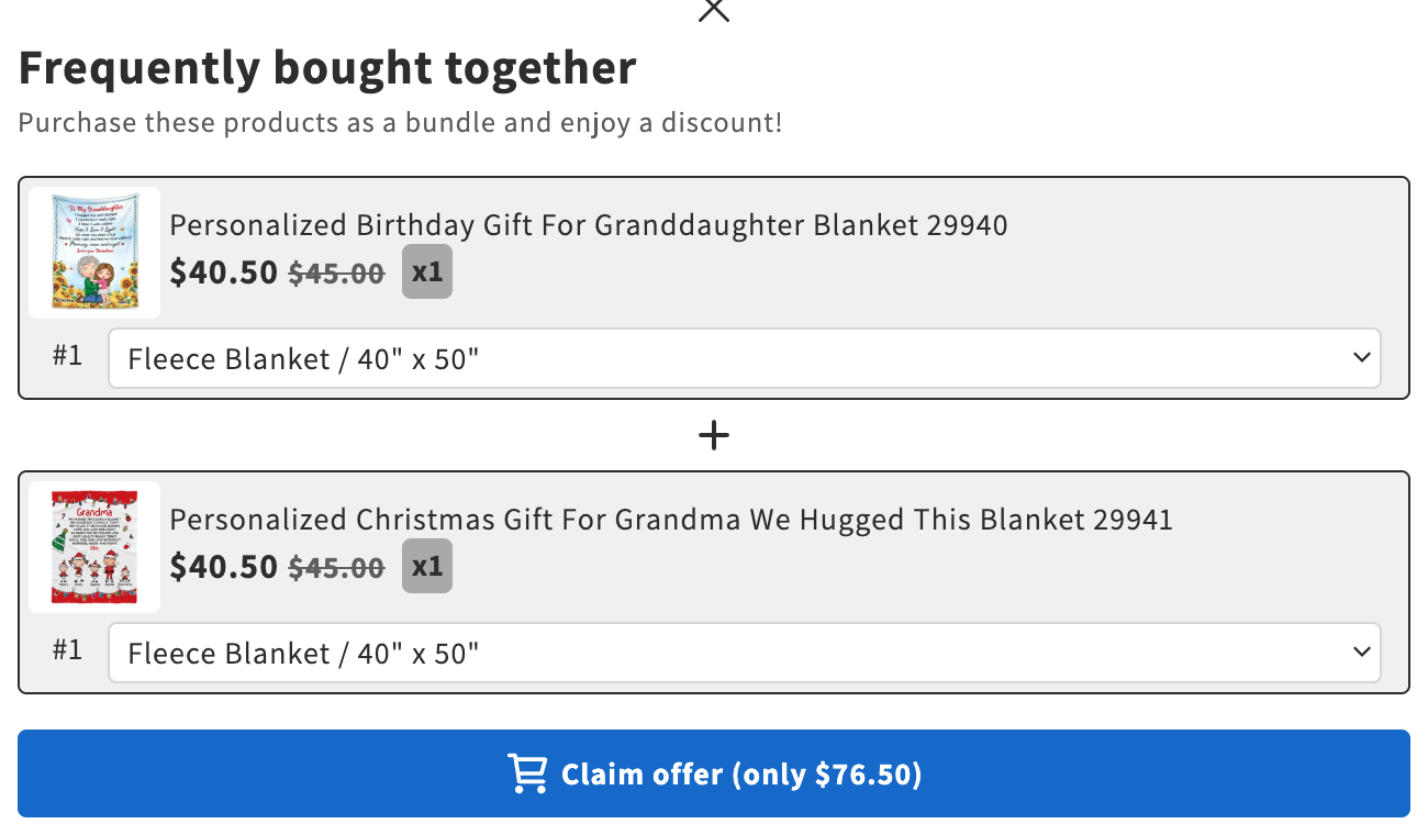 Frequently bought together popup in the cart drawer with two blankets at $40.50, variant pickers and the Claim offer (only $76.50) button