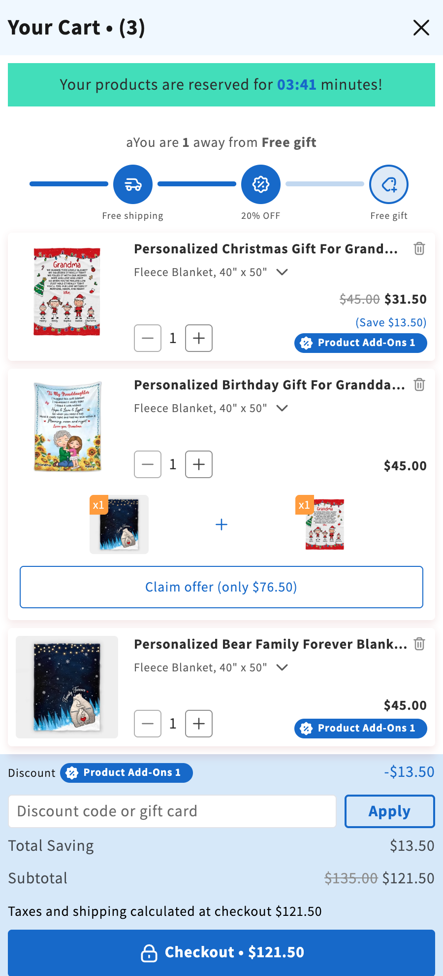 Cart drawer with the three bundle blankets, a discount of -$13.50, Subtotal $121.50 and Checkout $121.50