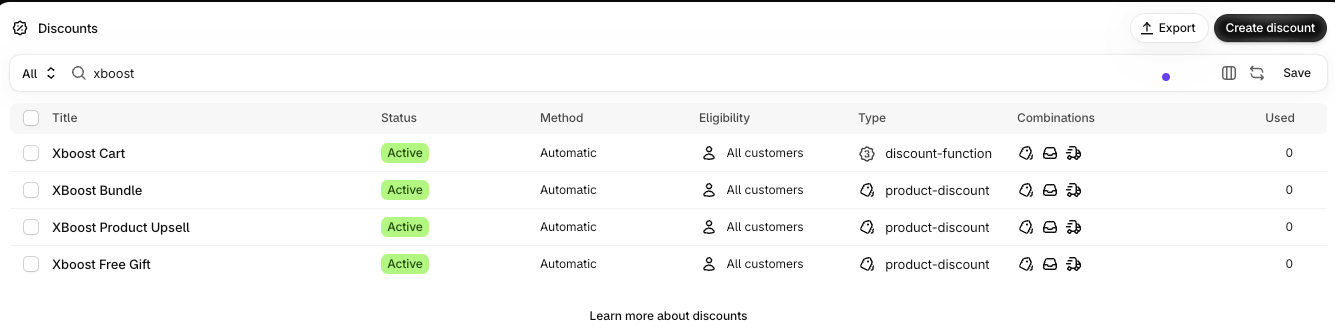 Shopify Discounts page filtered by xboost, with the automatic discounts Xboost Cart, XBoost Bundle, XBoost Product Upsell and Xboost Free Gift, all Active