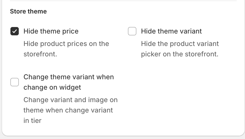 Store theme settings with Hide theme price ticked, Hide theme variant and Change theme variant when change on widget